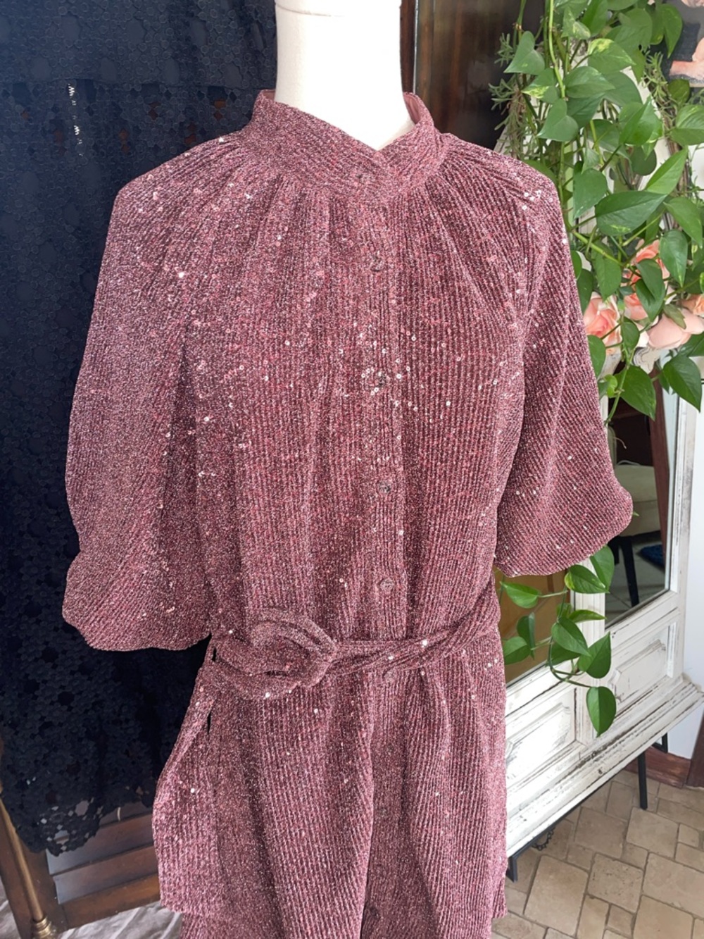 CIEBON Metallic Knit Nordstrom Sparkling Rose Pink Sequin Dress Medium Current - Picture 7 of 13